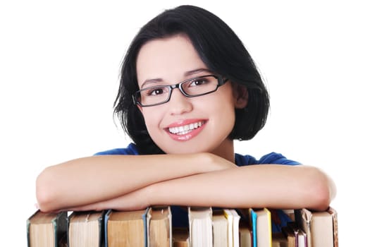 Happy smiling young student woman with books, isolated on white background