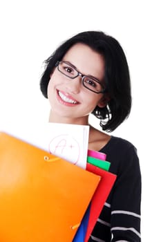 Student woman showing her perfect A+ exam result . Isolated on white