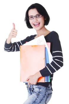 Happy student woman with notebooks showing ok gesture, isoalted on white background