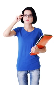 Student woman with notebooks, isoalted on white background