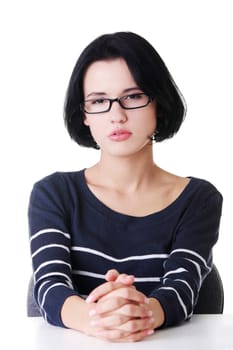 Young sad woman, have big problem or depression, over white background