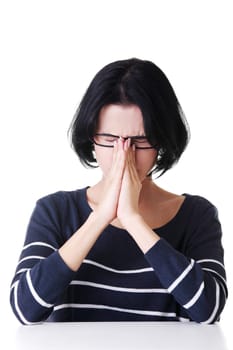 Young sad woman, have big problem or depression, over white background
