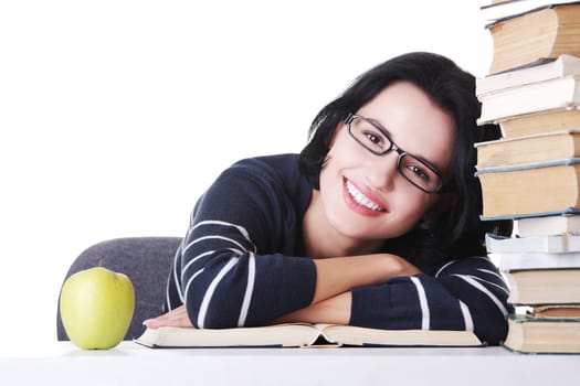Happy smiling young student woman with books, isolated on white background