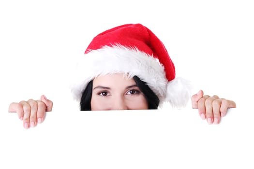 Santa girl holding blank board, isolated on white