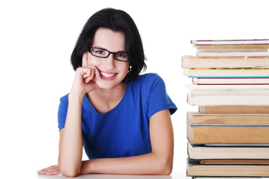 Happy smiling young student woman with books, isolated on white background