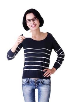 happy girl with business card over white background