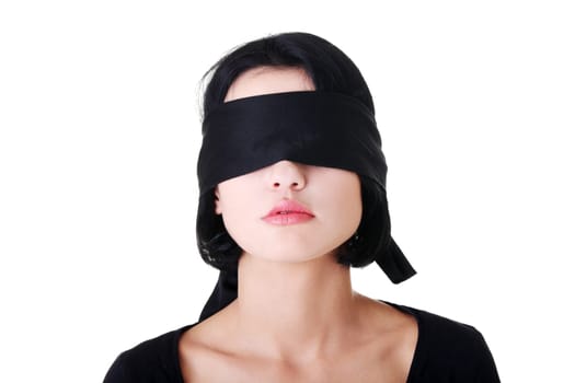 Portrait of the young woman blindfold , isolated on white