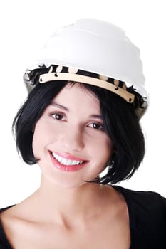 Portrait of confident female worker in helmet. Isolated on white