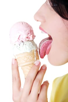 Young woman eating ice cream, isolated on white