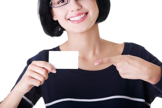 Beautiful smiling businesswoman with businesscard. Isolated on white