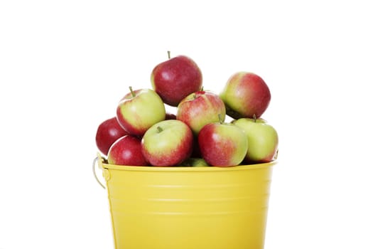 Fresh red apples in yellow bin, isolated on white