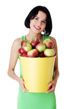 Smiling woman with apples , isolated on white
