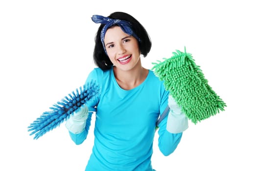 Happy cleaning woman portrait, isolated on white