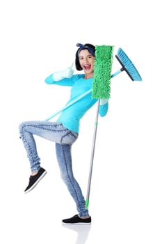 Happy cleaning woman portrait, isolated on white