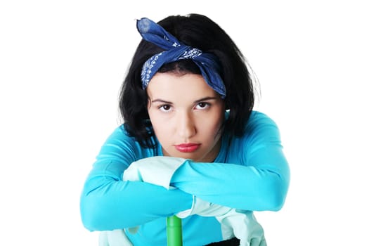 Tired and exhausted cleaning woman portrait, isolated on white