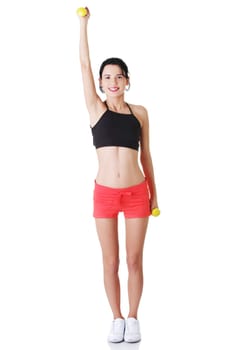 Fitness girl is working out with dumbbells , isolated on white background