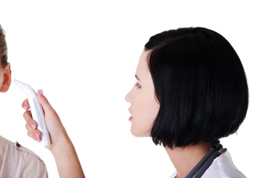 Female doctor or nurse checking temperature of her patient