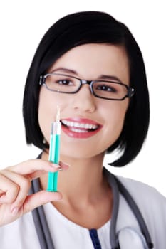 Happy medical doctor or nurse with syringe , isolated