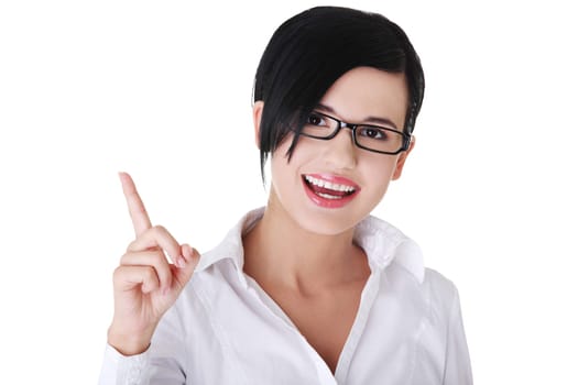 Beautiful business woman showing copy space , isolated on white