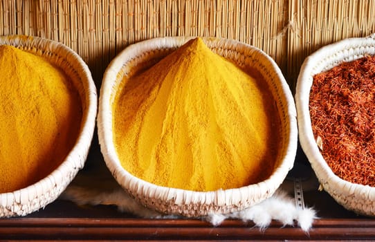 Spices in arabic store including turmeric and curry powder