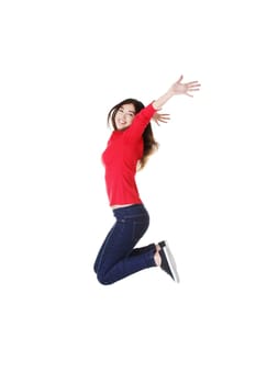 Young happy caucasian woman jumping in the air , isolated on white background