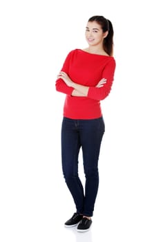 Portrait of beautiful young woman ( student ) in casual clothes, isolated on white