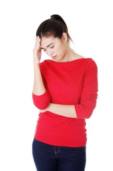 Young sad woman have big problem ,depression or headache , over white background