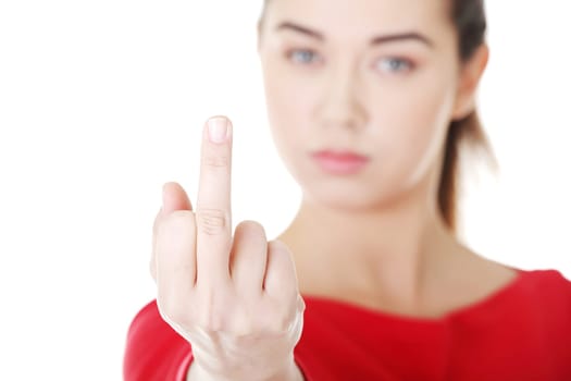 Woman with middle finger up, isolated on white background