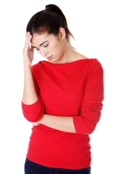 Young sad woman have big problem ,depression or headache , over white background
