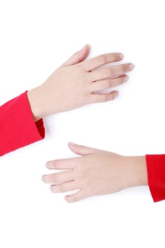 Overweight female hands holding (huging) blank board, isolated on white
