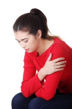 Thoughtful woman with problem or depression, isolated on white
