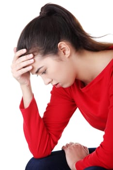 Thoughtful woman with problem or depression, isolated on white