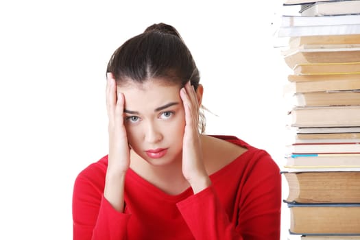 Sad female student with learning difficulties , isolated on white