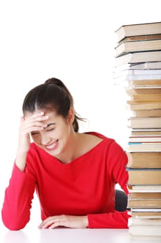 Happy smiling young student woman with books, isolated on white background