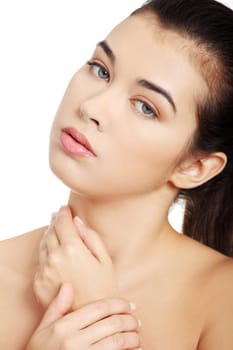 Portrait of a beautiful female model on white background