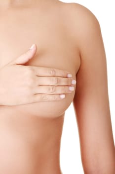 Breast cancer concept - Woman holding her breast