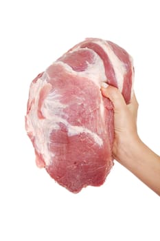 Female hand holding raw pork meat. Isolated on white
