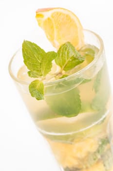 Mojito a Cuban cocktail made with cuban rum, lime, sugar , a splash of soda and flavoured with fresh fruit of your choice