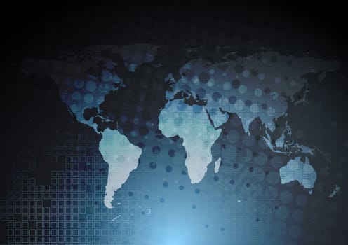 Dark blue tech background with world map. Eps 10 vector design