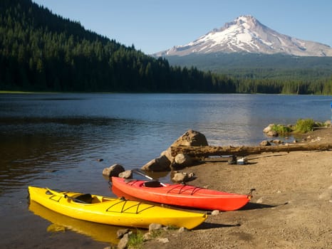 A Beautiful Recreation Area with a Couple Colorful Kayaks on Shore Trillium Lake Mount Hood Oregon