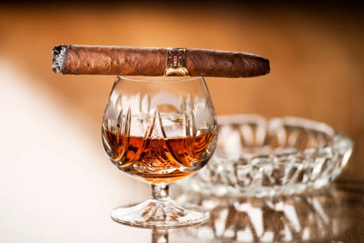 Beautiful cognac with cuban cigar close up shoot