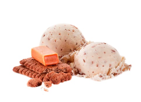 Biscuit and caramel ice cream isolated on white