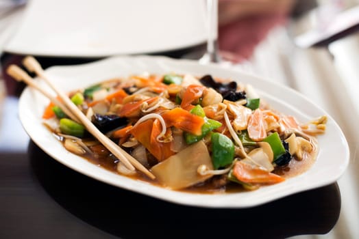 Chinese chop suey in restaurant close up shoot