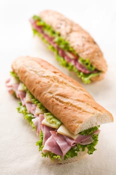 Fresh ham and cheese sandwich with salad close up