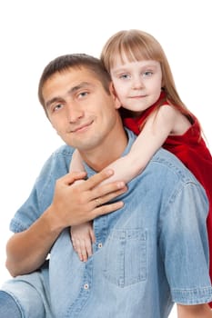 father and young daughter sitting on the floor. Isolated on white background
