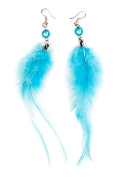 A pair of blue women's earrings made ​​of feathers. Isolate on white