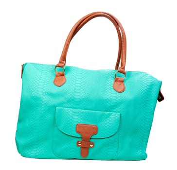 Fashionable women's leather handbag green. Isolate on white.