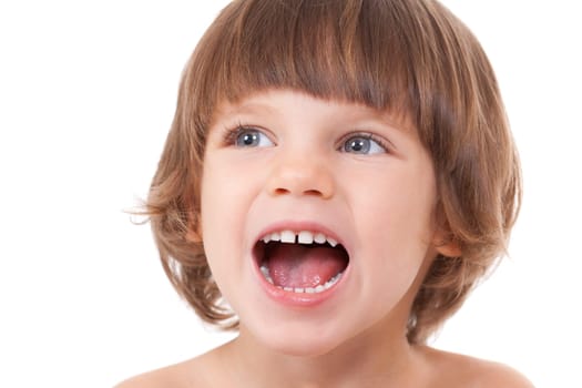 Studio portrait of a close-up of a girl with her mouth open with joy. Isolate on white.