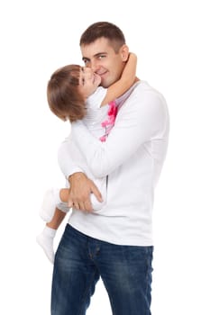 Dad kissing his little daughter, isolated on white