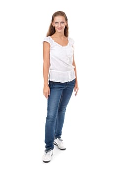 Full length portrait of beautiful casual girl pointing up and looking at camera. Isolated on white background.